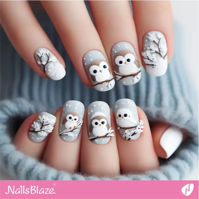Snow Flake Dots and Owls Nail Design | Polar Wonders Nails - NB3162